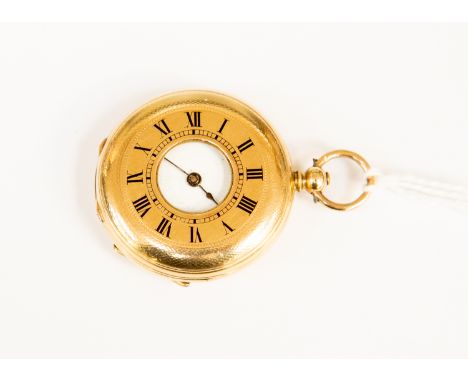 A 14 k half Hunter pocket watch, white dial,  Roman numerals engrave to case interior, case diameter approx 35 mm, total gros