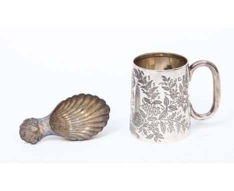 A Victorian tapering mug profusely engraved with flowers, fern and foliage and two monograms,Hillard &amp; Thomason, Birmingh