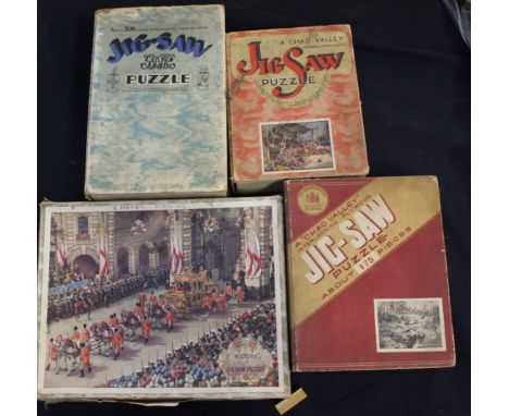 Two boxed Chad Valley wooden jigsaws, an unnamed boxed wooden jigsaw, and a boxed wooden Victoria jigsaw (4 in one bag)
