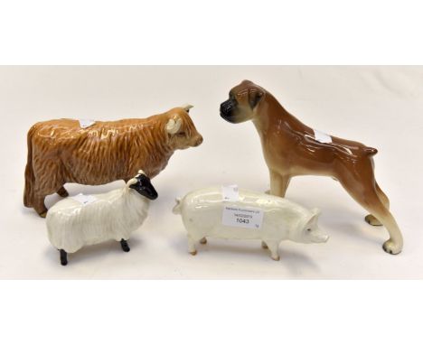 A Beswick Highland cow , a Landrace Sow  and a horned sheep, plus a boxer dog (unnamed ceramic) (All AF)