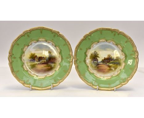 To 1930's Royal Worcester hand painted plates of cottage scenes by Frank R Rushton, green and gilt surround of Wick and Evesh
