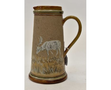 A Doulton pitcher jug by Hannah Barlow, decorated with stags, height approx 23.5cm, inscribed to base, 7967  rg with Doulton 