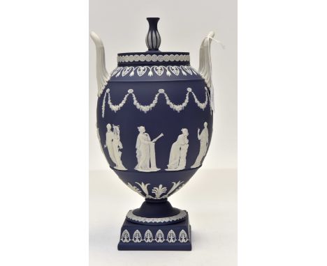 Dark blue Wedgwood twin handles urn and cover (1)Condition: Finial off and restoredApprox Size: 33cm high inc cover, 17cm dia