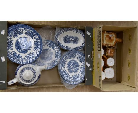 A part Tonquin by Myott blue and white service including lunch plates, tea pot, soup bowls, and Price Cottage Ware, teapot, f