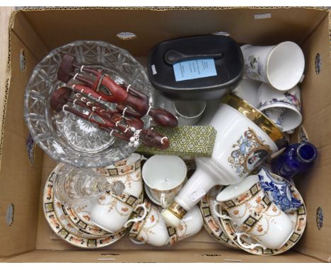 An Edwardian tea service, a raised glass bowl, African figures, boxed chop sticks, Delftware, commemorative decanter etc (1 b