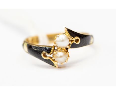 A Victorian mourning ring, 18ct gold black enamel with  two seed  pearl set to the top, size G1/2, total gross weight approx 