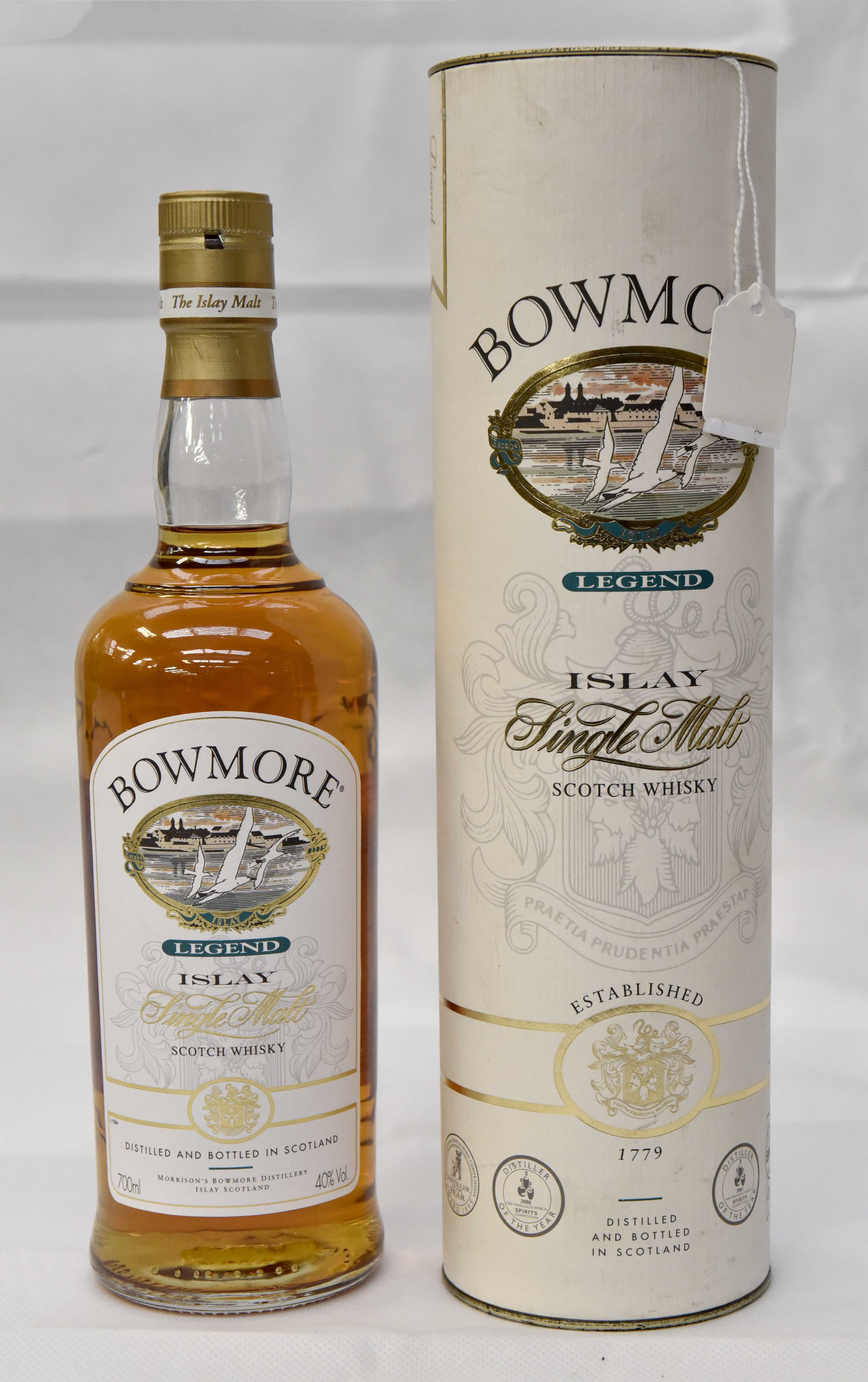 One bottle Bowmore "Legend" Islay Single Malt Whisky, in original box.