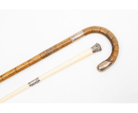 Silver mounted conductor's baton, with central white metal mount, the cartouche dated 1885  (2) and walking stick with silver