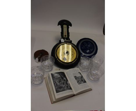 An Edwardian wall barometer, a leather cased retractable measure (Rabone and Sons) blue / white Willow (R. Doulton bowl) Hutc