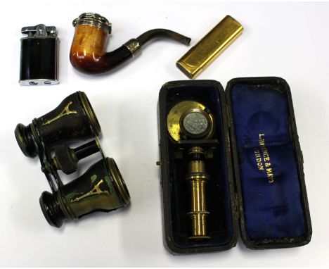 Ronson gold lighter and another silver mounted pipe, pair of opera glasses and a small monocular microscope (5)