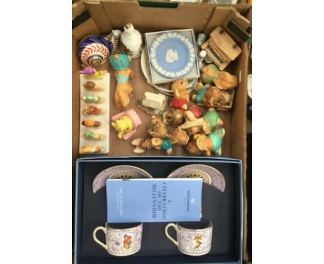 A Wedgwood Millennium presentation boxed cups and saucers Pendelfin rabbits, Royal Crown Derby Snail paperweight etc and Snow