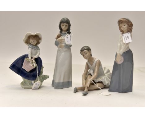 Lladro figure of girl with flowers along with three Nao figures