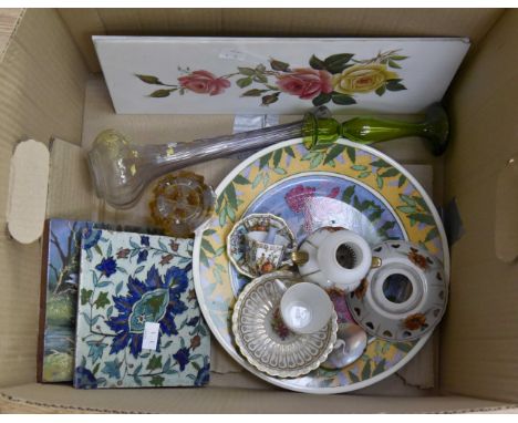Mixed ceramics and glass to include an Iznik tile, pair of opaque glass (parcel)