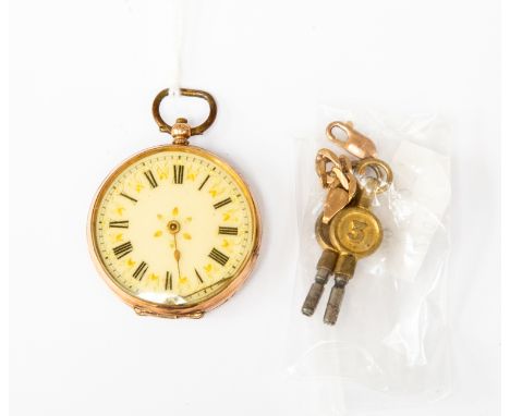 9 k marked ladies open faced fob watch, hand loose inside, together with keys and odd 9 ct curb links and snap, total gross w