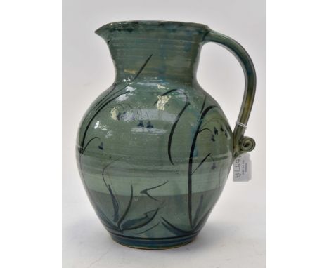 A green Studio pottery jug by Springfield Pottery, Philip Leach, stamps to base, with unusual scroll to handle, circa 20th Ce