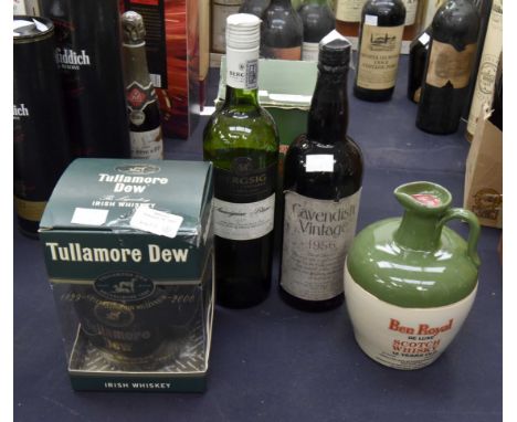 One ceramic bottle Ben Royal Scotch Whisky 12 years old bottled 1977 1 Tullamore Dew and 2 bottles various wines (4 bottles)