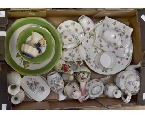 A Crown Staffordshire coffee set (four cups); Italian painted vinegar/oil Wedgwood, together with a 1920's fruit bowl set (on