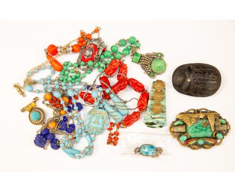 A collection of vintage costume jewellery to include a jet carved scarab beetle, Victorian enamel and gilt metal brooch, turq