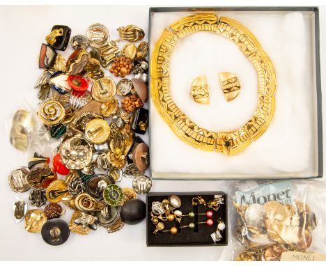 Costume jewellery to include Monet gilt metal necklace and clip on earrings, Trifari and Continental large clip on earrings, 