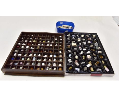 Thimbles, Ivory bone, Pewter, glass, enamel etc in a presentation box, chocolate box and in a tub (3)