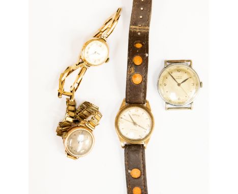 A vintage gentlemen's Roamer 9ct gold wristwatch, two 9ct gold lady's wristwatches, one a Buren and a steel Zodiac watch head