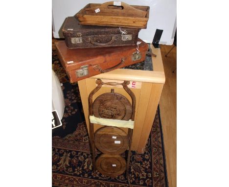 Two vintage small suitcases, wooden cake stand and treen cutlery tray (4)