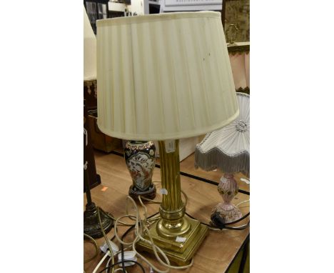 Brass Corinthian style table lamp with shade and a pink floral lamp (2)