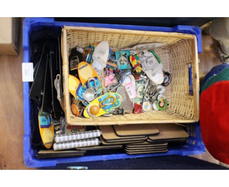 Vintage badge collection along with retro keyrings and coasters