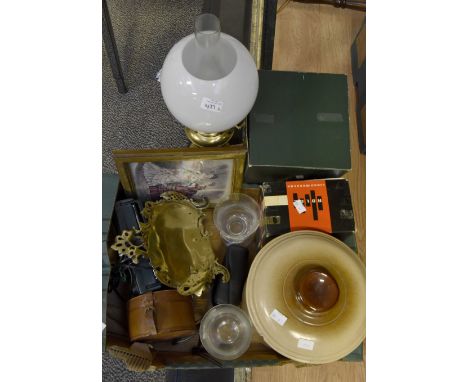 Collection of glass, stone ware, metal wares, radio, cameras, and other items including oil lamp