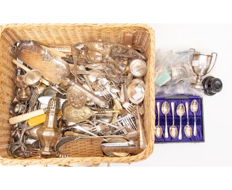 A collection of silver and EPNS items comprising trophy, napkin rings, spoons etc along with Victorian plated bread fork and 