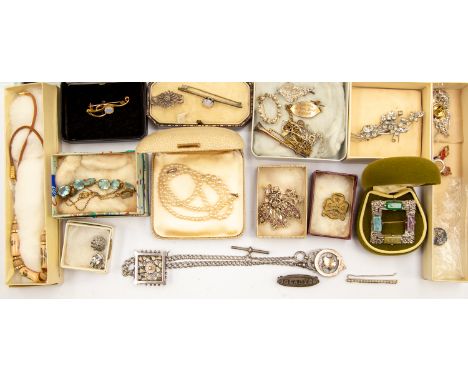 A collection of jewellery comprising of Victorian silver brooches, marcasite brooch, a silver Albert fob chain, with silver a