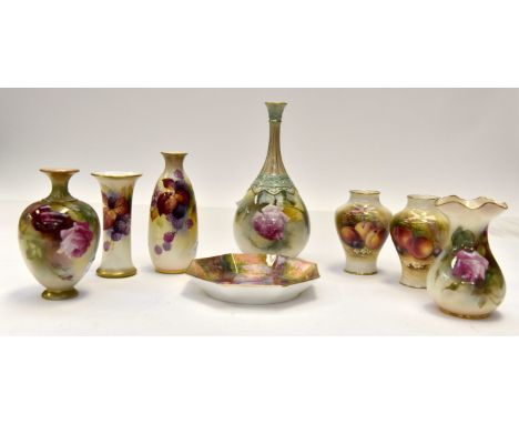 Eight pieces of Royal Worcester, varying dates, to include a miniature vase of tapering form, signed by Kitty Blake, decorate