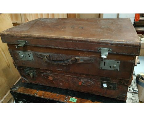 A 19th century mahogany commode with ceramic lining, and two leather suitcases and a chippendale style mirror&nbsp; 