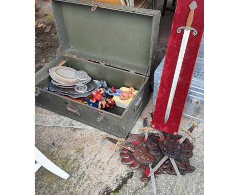 A military trunk, another trunk and, wall display swords, books etc 