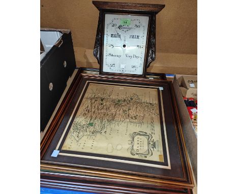 A 1930's oak cased aneroid barometer; a period style map of Derbyshire framed and glazed; After Gainsborough "The Blue Bow" s