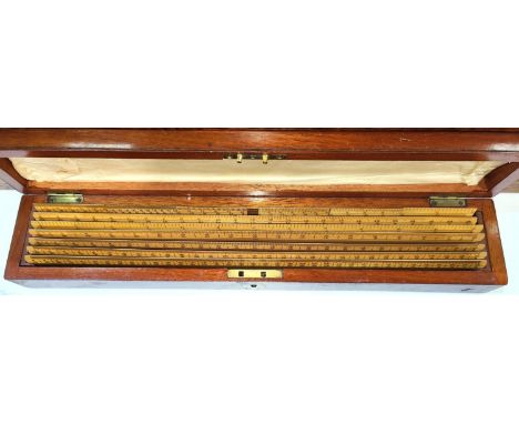 SCALE RULERS,&nbsp; a set of 6 boxwood rulers with 6 scale segments, by J. HALDEN &amp; Co, mahogany case&nbsp; 