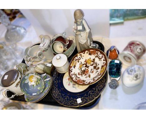A Nao figure:&nbsp; girl and puppy; a Royal Crown Derby wren; decorative china and glassware 