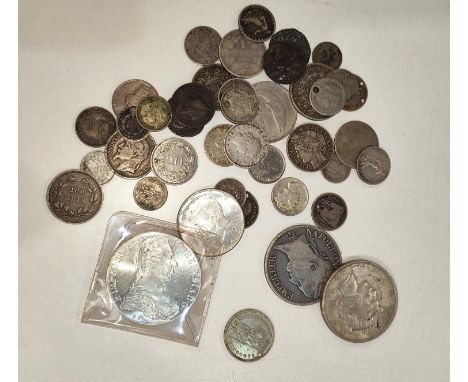 A selection of various foreign coins, many with silver content including an 1813 Napolean 5 francs&nbsp; 