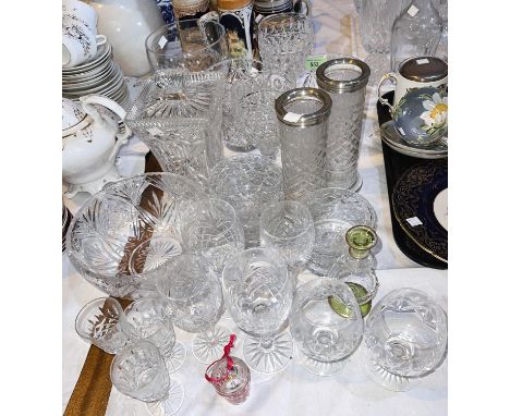 A pair of vases with silver rims; a selection of cut glassware; etc. 