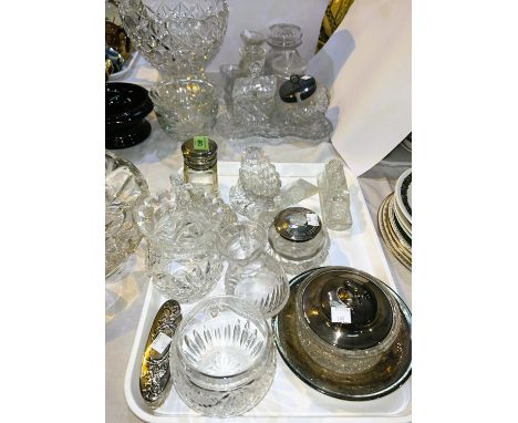 A hair tidy and trinket holder with hallmarked silver tops; cut and other glass dressing table items; vases; sauce boats; 2 m