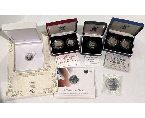 GB a 1998 Britannia, fine silver, a 2018 £20, 1992 silver proof 10 pence coin set, a 2019 silver sovereign, 2 other 1990 proo
