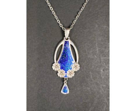 An Art Nouveau hallmarked silver and blue/green enamel pendant by Charles Horner, Chester on fine chainBreak or natural gap n