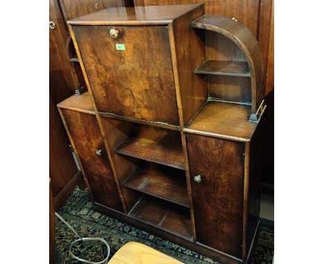 An Art Deco walnut secretaire/ bookcase with writing section, 2 cupboards and open shelves 