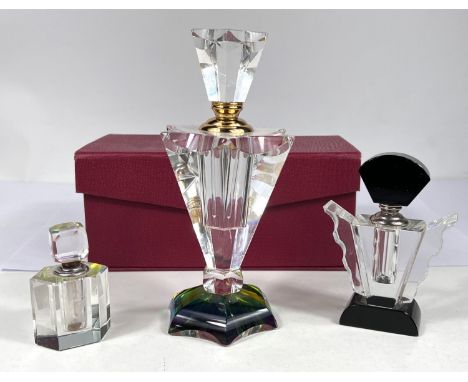 A Waterford Crystal mantelclock;2 Art Deco glass scent bottles; a large crystal scent bottle, boxed 