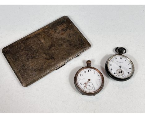An engine turned hallmarked silver cigarette case, Chester 1931 6oz; 2 gents pocket watches (a.f) 