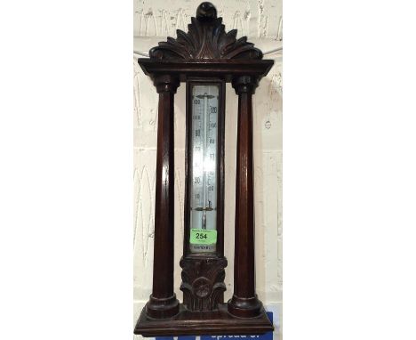 A FAHRENHEIT SCALE WALL THERMOMETER, twin column oak frame, c. 1900, 46cm high 