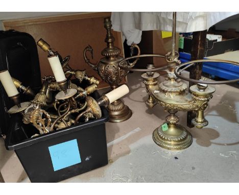 A period style brass oil lamp with double light (converted); a brass vase; a wall light Single hole drilled to centre side of