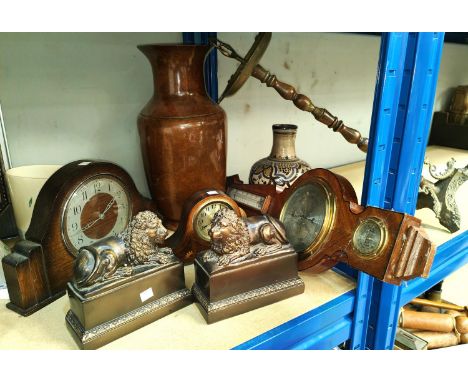 A mahogany quartz mantel clock, oak mantel clock, a large heavy copper vase etc 