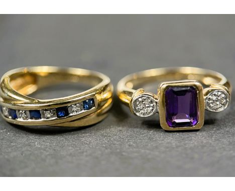 A 9ct hallmarked gold twisted double band eternity ring set sapphires and diamonds, size L and a half; a 9ct hallmarked gold 