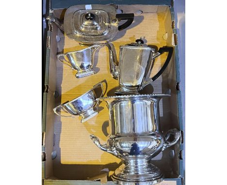 A silver plated campana shaped wine cooler on pedestal; a silver plated 4 piece tea service with gadrooned decoration 